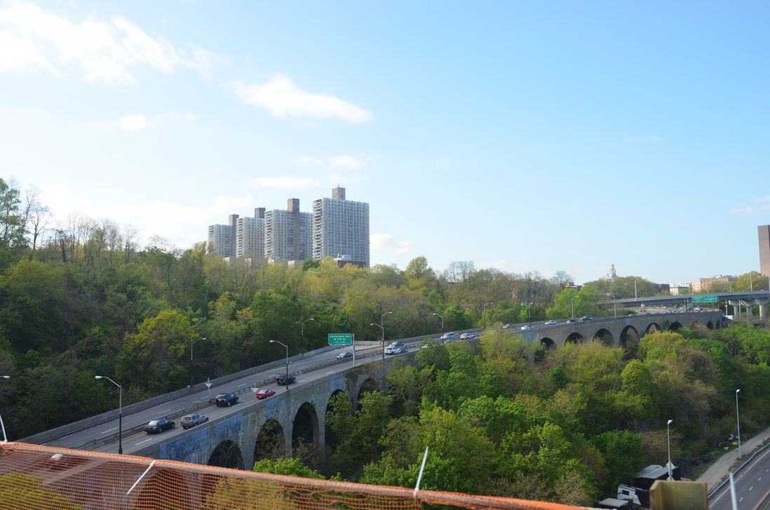 View due northwest. Look at the beautiful arches of the ramp to/from the George Washington Bridge and West 179th Street<br/>